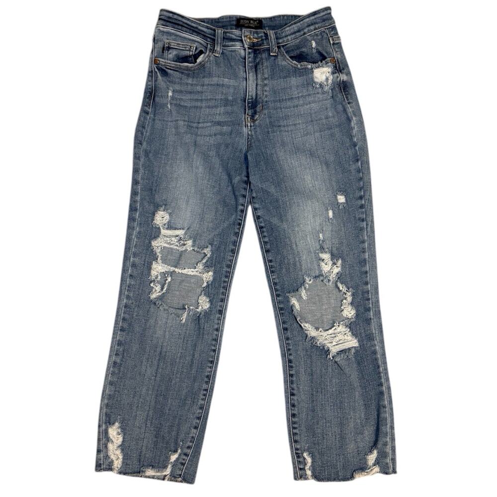 Judy Blue High Rise Ankle Straight Jeans Womens 5/27 Stretch Medium Wash Denim